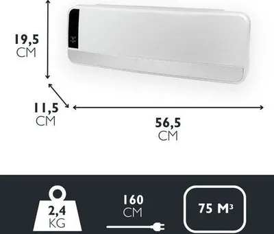 A diagram showing the dimensions and specifications of a white heater.