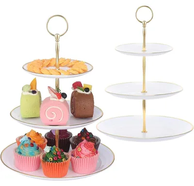 Immagine prodotto di 2 supporti per torte a 3 piani, ideali per cupcakes, colore bianco, dimensioni 25 x 32 cm, materiale: plastica