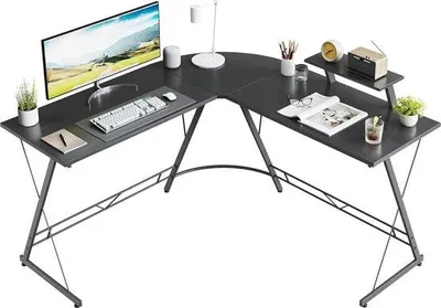 Obrázek produktu pro Unyqoos® Rohový psací stůl ve tvaru "L", rozměry 50,4 x 50,4 palce – počítačový a herní stůl s podstavcem na monitor, úsporný design pro domácí kancelář, černá barva
