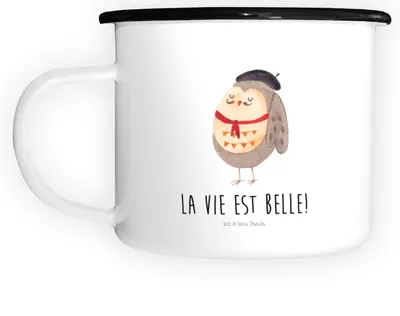 Produktbild von Mr. & Mrs. Panda Camping Tasse Eule Frankreich - Weiß - Geschenk, Emaille, La Vie Est Belle, Owl, Campingbecher, Teetasse, Französisch, Spruch, Teebecher, Pott