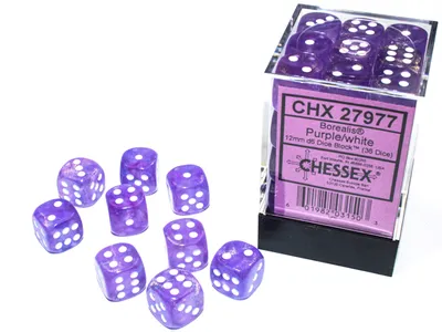 Produktbild von Chessex Borealis D6 12mm Lila/Weiß Leuchtendes Würfelset (36 Stück)