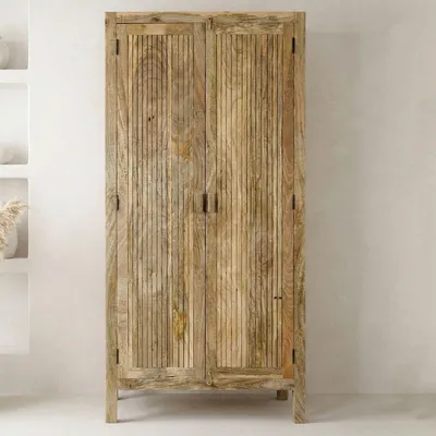 Image de WOHNLING Armoire en bois massif de manguier naturel 187 cm Armoire de salon haute Armoire multifonctionnelle Armoire de style cottage avec 2 portes Armoire en bois massif Fabriquée à la main
