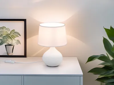 Produktbild von Tischlampe mit Keramikfuß & Stoffschirm Weiß, schöne Nachttischlampe Höhe 29cm
