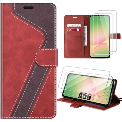 Image de Coque + 2 Verres Trempés pour Samsung Galaxy A56 5G, Anti-Rayures Antichoc Synthécuir Rouge Marron