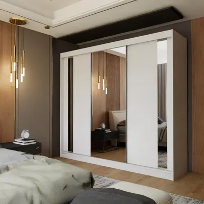 Zdjęcie produktu dla Biała szafa z lustrem 240 cm Luna Nowoczesna szafa z drzwiami przesuwnymi Trzydrzwiowa szafa do sypialni z drążkiem na ubrania, Rozmiar: 240cm, Kolor: biały mat