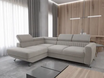 A modern living room with a large sectional sofa, wooden wall paneling, and a dining area in the background.