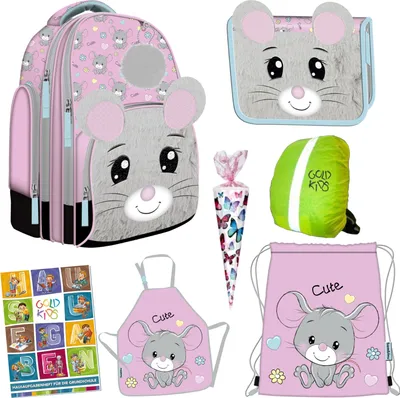 Produktbild von Schulranzen für Jungen und Mädchen - Schul-Rucksack für Kinder mit Federmäppchen - Schuhbeutel und Hausaufgabenheft - Maus Motiv