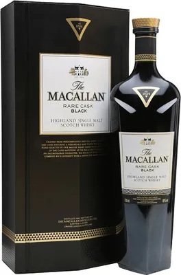 A bottle of Macallan Rare Cask Black Scotch Whisky and its presentation box are shown against a white background.