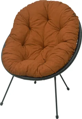 A round, cushioned chair with a brown seat and black legs, isolated on a white background.