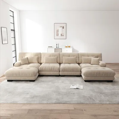 Zdjęcie produktu dla Narożnik modułowy Sweiko, zestaw kanap w kształcie litery U do salonu, 4-osobowe wygodne kanapy w chmurze z ruchomą otomaną, kombinacja DIY, szenil, jasnobrązowy