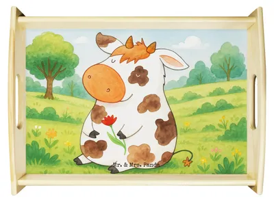 Produktbild von Mr. & Mrs. Panda Deko Tablett Kuh Design - Weiß - Geschenk, Serviertablett, Bauernhof, aus holz, betttablett, Servier, Motivtion, essenstablett, Spruch, Kühe, Hof