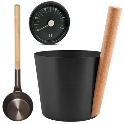 Produktbild von SET> Rento Saunaeimer, Kelle + Thermometer aluminium SCHWARZ