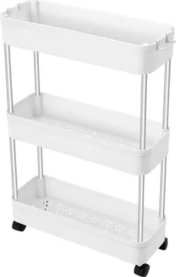 Immagine prodotto di Carrello stretto - Ripiano a nicchia su rotelle - 3 livelli - 40×14,8×61,5 cm - Max. 10 kg - PP & acciaio inox - Bianco