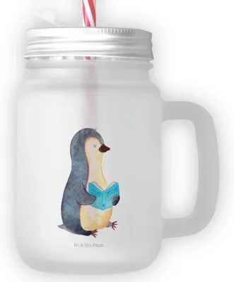 Produktbild von Mr. & Mrs. Panda Mason Jar Pinguin Buch - Transparent - Geschenk, Cocktailglas, Trinkglas, Ausruhen, Pause, Urlaub, Glas Mit Deckel Und Strohhalm, Ferien, Nichtstun