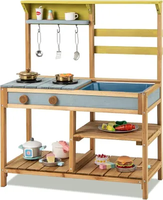 Imagen del producto de Cocina de juguete para exteriores, cocina de madera para niños con fregadero, cocina de juego con ganchos y estante desmontable, cocina de jardín para exteriores, ideal para niños a partir de 3 años