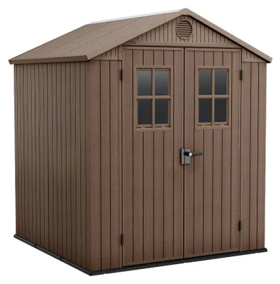 Produktbild von Darwin 6x6 - Gartenhaus 190x221x183 cm mit 2 Türen zur Werkzeugaufbewahrung, Holzoptik-Oberfläche Evotech+ aus braunem Kunstharz