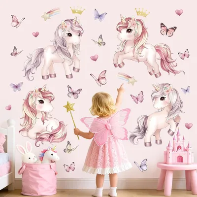 Produktbild von Wanddekoration Wandsticker, Rosa Einhorn, 10 Stück, Selbstklebendes PVC, für Mädchenzimmer