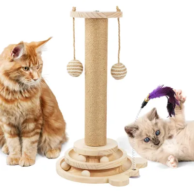Image de Arbre à chat Kratzbaum, 45 cm, en sisal naturel, avec base en bois, jouet interactif pour chats