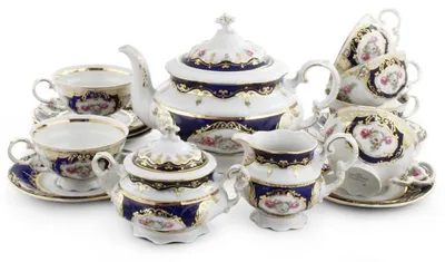 Produktbild von Teeservice „Sonáta“, tschechisches Porzellan, Kobaltblau, Rosen, Leander, 15-teilig