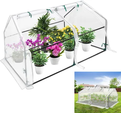 A small greenhouse filled with potted plants.