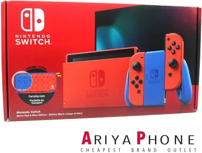 The image shows the retail packaging of a Nintendo Switch Mario Red & Blue Edition console.