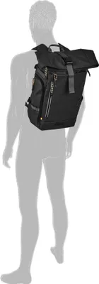A mannequin wearing a black backpack.