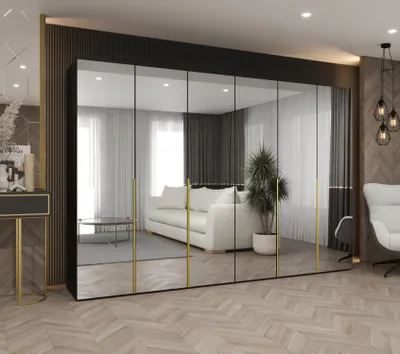 Obrázek produktu pro Zrcadlová šatní skříň 300 cm BUGRA - černá / zlatá