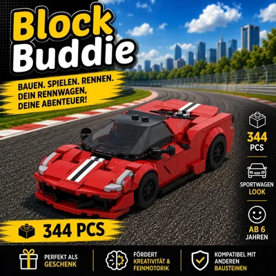 Produktbild von BlockBuddie™ 488 Pista inspiriertes Klemmbaustein Auto mit 344 Teilen – Sportwagen Modellbausatz