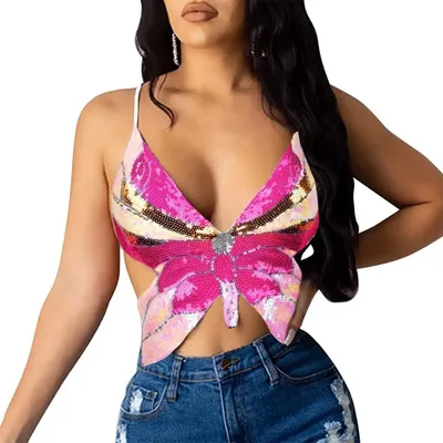 Produktbild von Bauchtanz Crop Top für Frauen, Schmetterling Pailletten Halter Top Bandage Tank