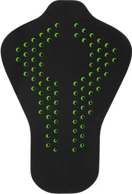 A black back protector with green circular perforations.