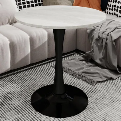 Image de MODFU Table basse de style mid-century moderne,Table d'appoint de salon avec plateau rond en marbre de 27,6 pouces de diamètre,Table basse avec pieds hauts pour 2 à 4 personnes,Noir Blanc