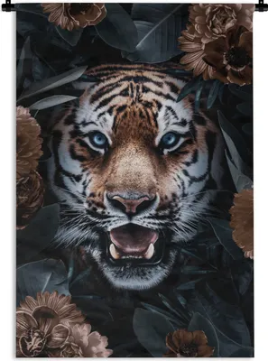 Produktbild von MuchoWow® Wandteppich Wandbehang Porträt - Tiger - Blumen 90x135 cm Tapisserie Dekoration Wandtuch - Baumwolle - Wandskulptur