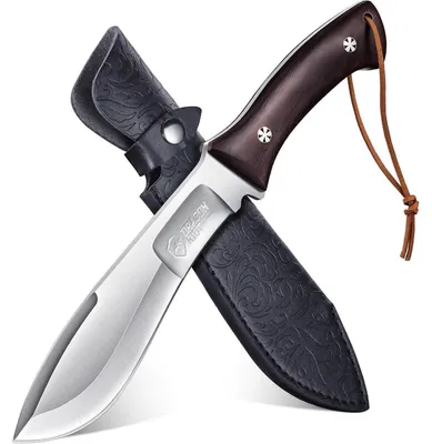 Productafbeelding van Outdoor overlevingsmes met schede, vaststaand lemmet, houten handgreep, full tang constructie, bushcraft mes voor kamperen, 17 cm