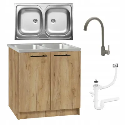 Obrázek produktu pro Stamar | Kuchyňská linka 80x50 - Dub zlatý - s dřezem, vysokou baterií a sifonem - funkční a elegantní