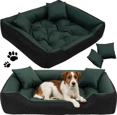 A collage of a dog bed and a dog lying in a dog bed.
