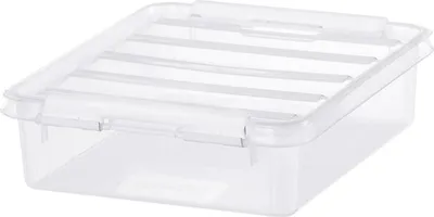 A clear, professional studio shot of a transparent storage box with a white lid.