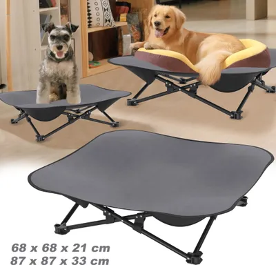 Produktbild von UISEBRT Hundeliege Outdoor, erhöhtes Hundebett für draußen, kühlendes Haustierbett für Camping, robuster und waschbarer Hundeplatz, ideal für den Sommer, Grau - 87 x 87 x 33 cm
