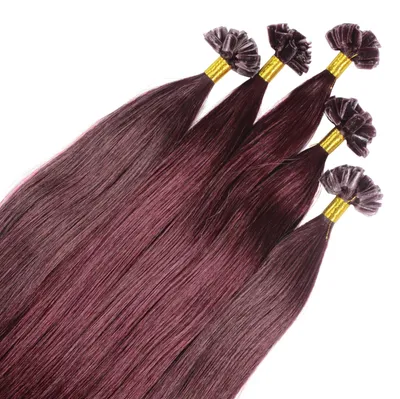 Produktbild von hair2heart Premium Extensions Echthaar Bondings glatt - 25 Strähnen 1 g 60cm 55/66 hellbraun intensiv violett-mahagoni