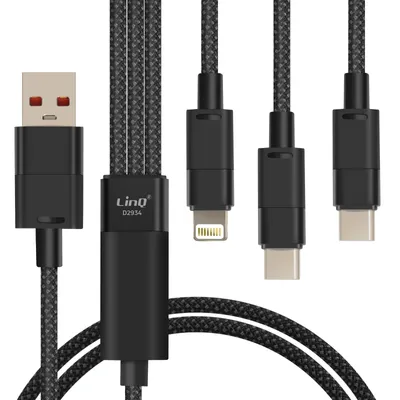 Image de LinQ, Câble USB vers Lightning + 2 USB-C 60W à charge rapide Longueur 1.2m, Noir