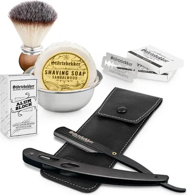 Produktbild von Störtebekker® Premium Rasierset - Rasiermesser Schwarz – inkl. Echtlederetui (Schwarz) - Rasierseife Sandelholz Duft - Rasurset / Bartpflege Set