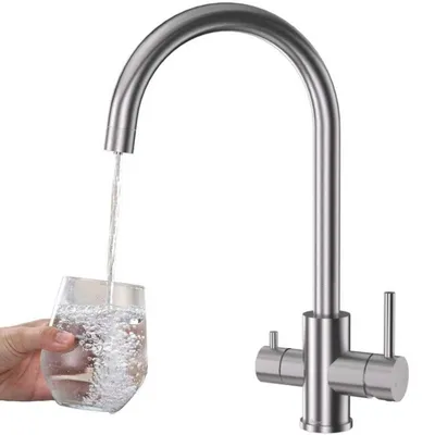 Produktbild von 3 Wege Küchenarmatur mit Trinkwasserfilter, 2 Hebel, 3 in 1, 360° drehbar, gebürstetes Silber