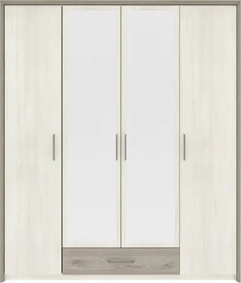 A four-door wardrobe with mirrored doors in the center and a drawer at the bottom, presented against a white background.