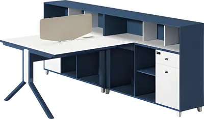 Produktbild von Moderne Schreibtischkombination in Blau und Weiß mit Trennwand und Stauraum
