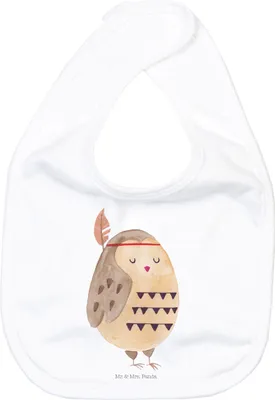 Produktbild von Mr. & Mrs. Panda Schlabberlatz Eule Federschmuck - Weiß - Geschenk, Lätzchen Für Babys, Babylätzchen, Owl, Kinderlätzchen, Abenteuer, Sabberlätzchen, Waldtiere, Entspannt