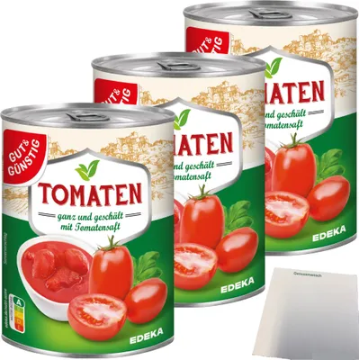 Produktbild von Gut & Günstig Tomaten ganz geschält mit Tomatensaft 3er Pack (3x400g Dose) + usy Block