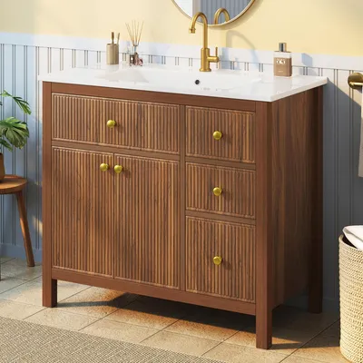 Immagine prodotto di Mobile da bagno con lavabo in Vetroceramica, mobile lavabo sospeso da 91 cm con texture a motivo ondulato e cassetti, in legno di noce