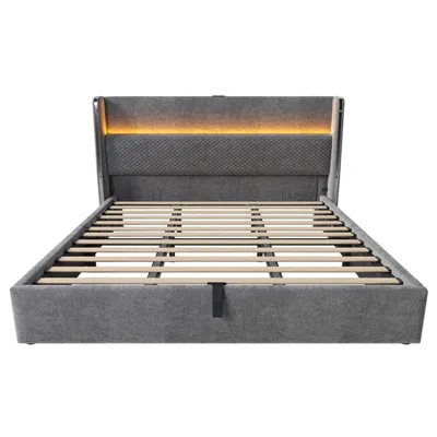 Produktbild von Flieks Hydraulisches Polsterbett 180x200cm mit USB/Type-C-Anschlüssen, Stauraumbett Doppelbett Jugendbett mit Led, Leinen, Grau