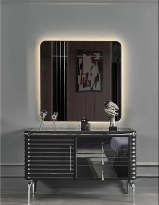 Produktbild von Schwarzes Schlafzimmer Set Designer Kommode mit LED-Spiegel Garnitur