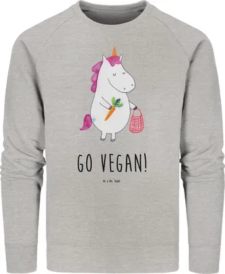 Produktbild von Mr. & Mrs. Panda Baumwoll Pullover Einhorn Vegan Größe S - Heather Grey - Geschenk, Bio, Gesund Leben, essen, Rohkost, Veganismus, Sweater, Unicorn, Sweatshirt, Veganer