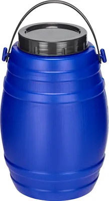 A blue plastic barrel with a black lid and a black handle is shown against a white background.